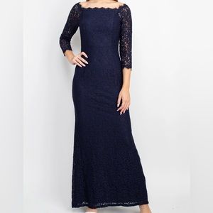 Adrianna Papell Navy Blue Tan Nude Lace Long Sleeve Maxi Formal Dress size 16